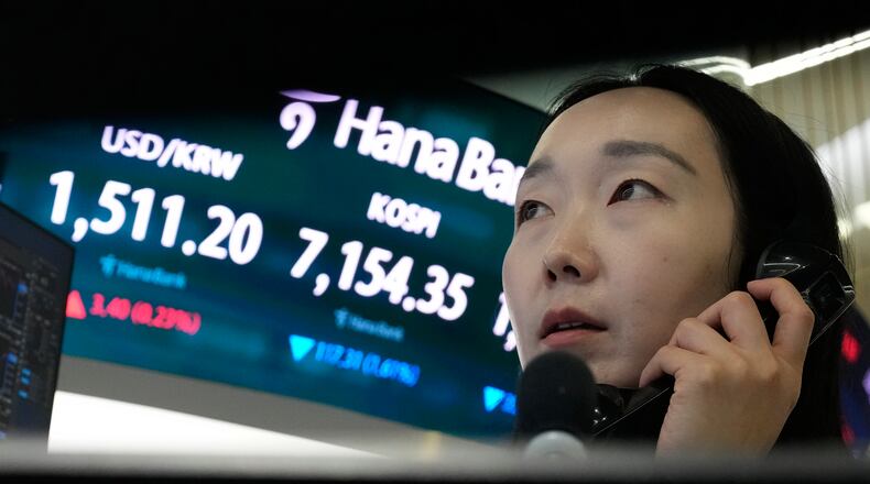 A currency trader talks on the phone near a screen showing the Korea Composite Stock Price Index (KOSPI) and the foreign exchange rate between U.S. dollar and South Korean won, left, at the foreign exchange dealing room of the Hana Bank headquarters in Seoul, South Korea, Wednesday, May 20, 2026. (AP Photo/Ahn Young-joon)