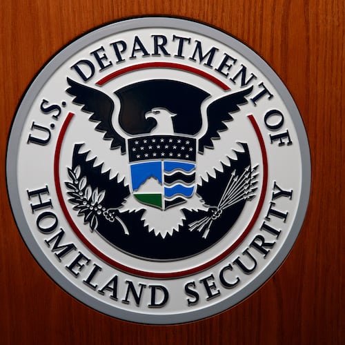 FILE - In this June 28, 2019, file photo the Department of Homeland Security (DHS) seal is seen during a news conference in Washington. (AP Photo/Carolyn Kaster, File)