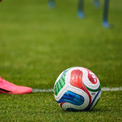A Canadian flag is seen on a FIFA soccer ball during a World Cup soccer training session in Toronto, Tuesday, June 9, 2026. (Sammy Kogan/The Canadian Press via AP)