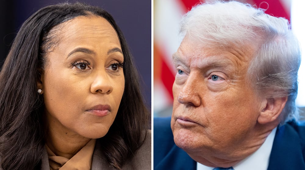 Fulton County District Attorney Fani Willis and former President Donald Trump (Arvin Temkar/AJC & Allison Robbert/The New York Times)