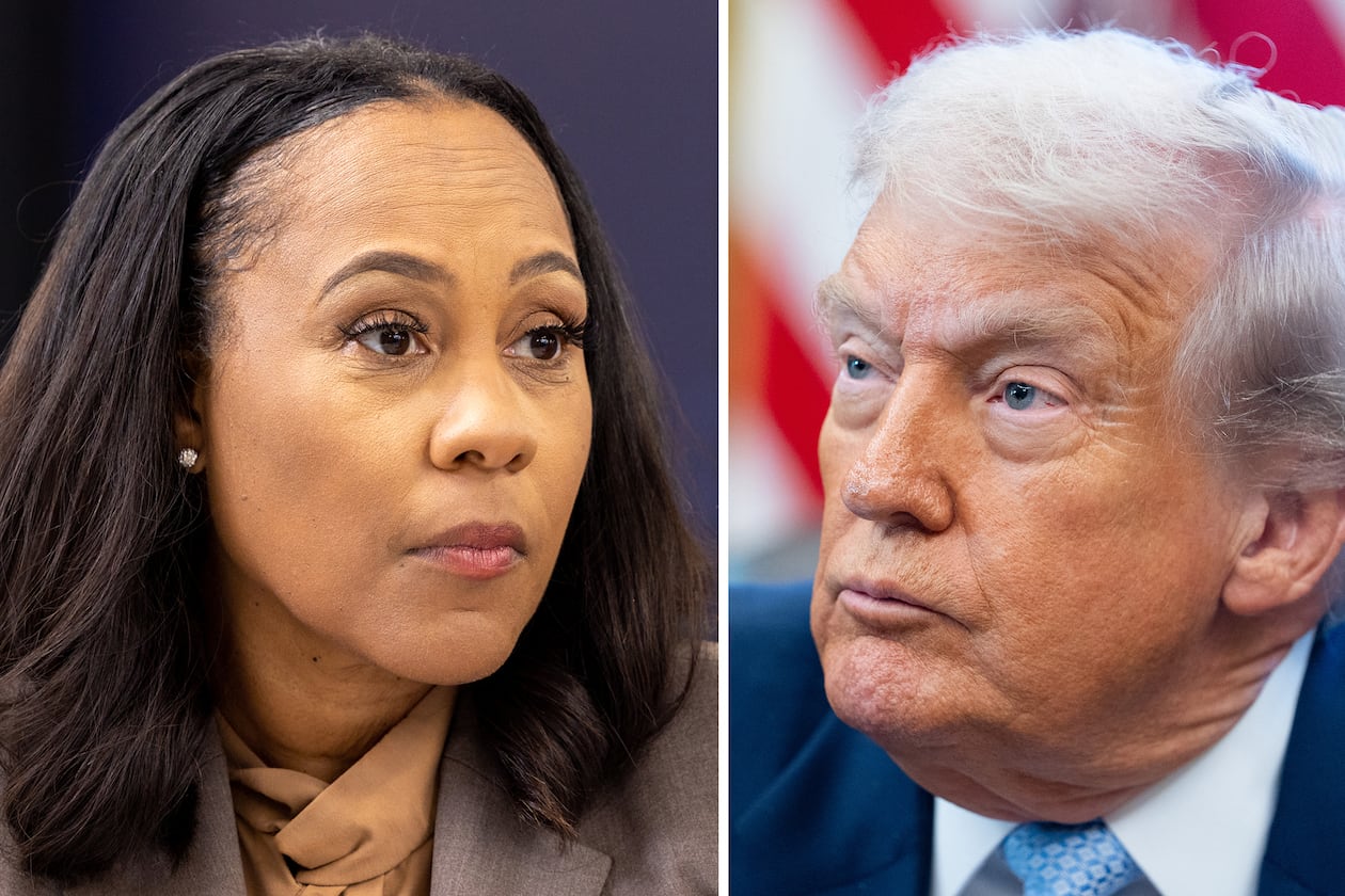Fulton County District Attorney Fani Willis and former President Donald Trump (Arvin Temkar/AJC & Allison Robbert/The New York Times)