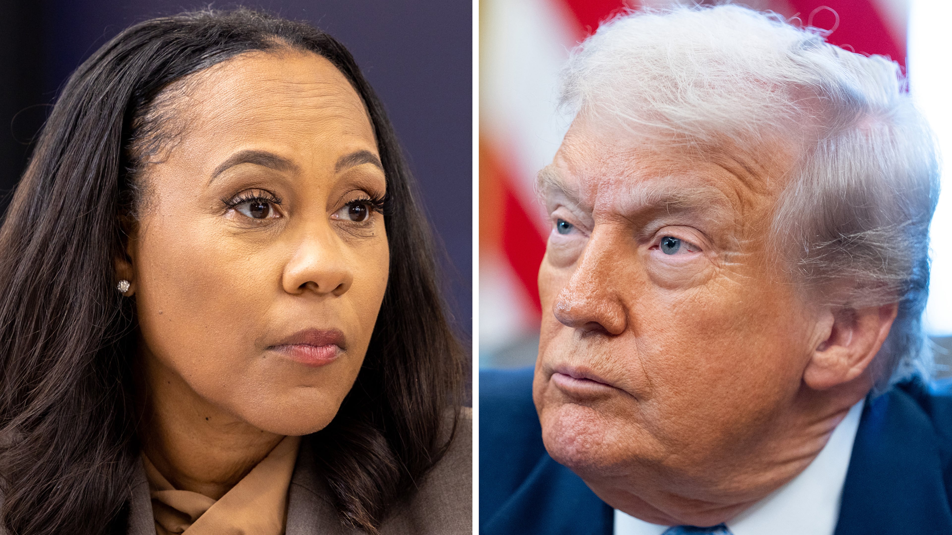 Fulton County District Attorney Fani Willis and former President Donald Trump (Arvin Temkar/AJC & Allison Robbert/The New York Times)