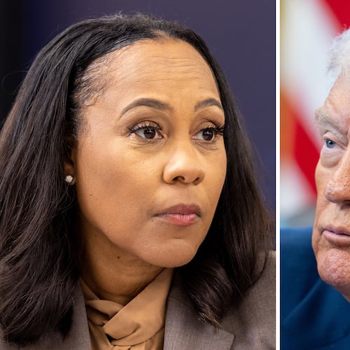 Fulton County District Attorney Fani Willis and former President Donald Trump (Arvin Temkar/AJC & Allison Robbert/The New York Times)
