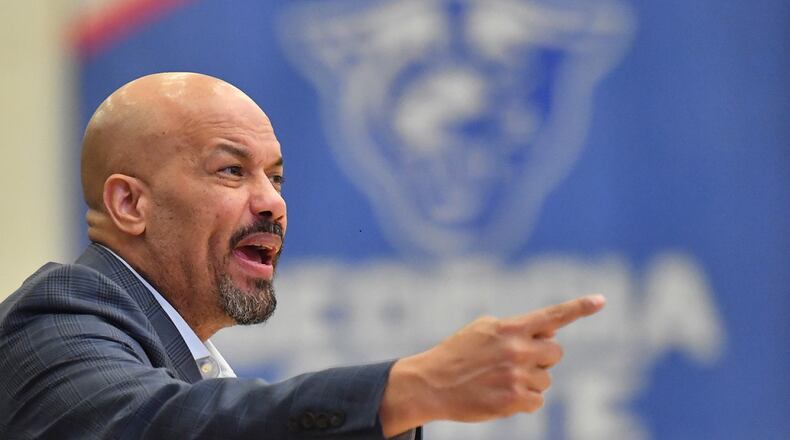 Georgia State coach Rob Lanier shouts instructions in the second half during a Sun Belt Conference college basketball game in Atlanta on Saturday, January 11, 2020. Georgia State won 84-62 over UL Monroe. (Hyosub Shin / Hyosub.Shin@ajc.com)
