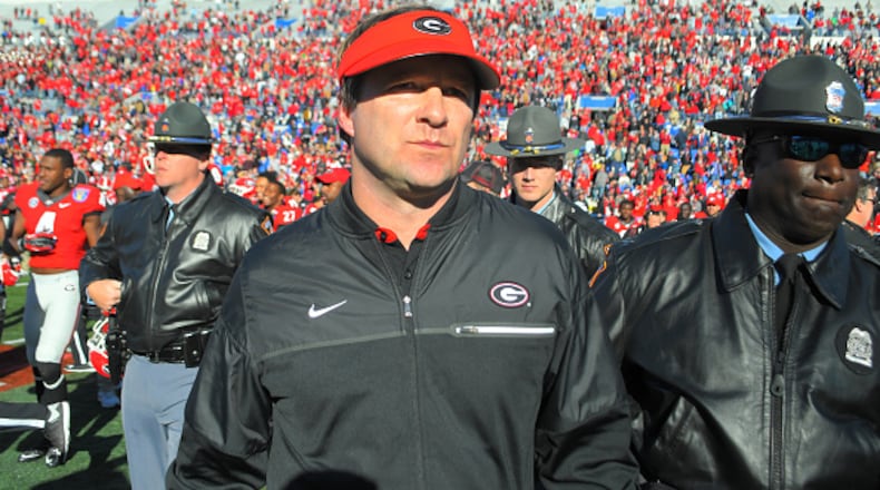 A victorious Kirby Smart Georgia Bulldogs Head Coach after the AutoZone Liberty Bowl between the Georgia Bulldogs and the TCU Horned Frogs on December, 30, 2016, at the Liberty Bowl Stadium in Memphis, TN. Georgia defeated TCU 31-23. (Photo by Jeffrey Vest/Icon Sportswire via Getty Images)