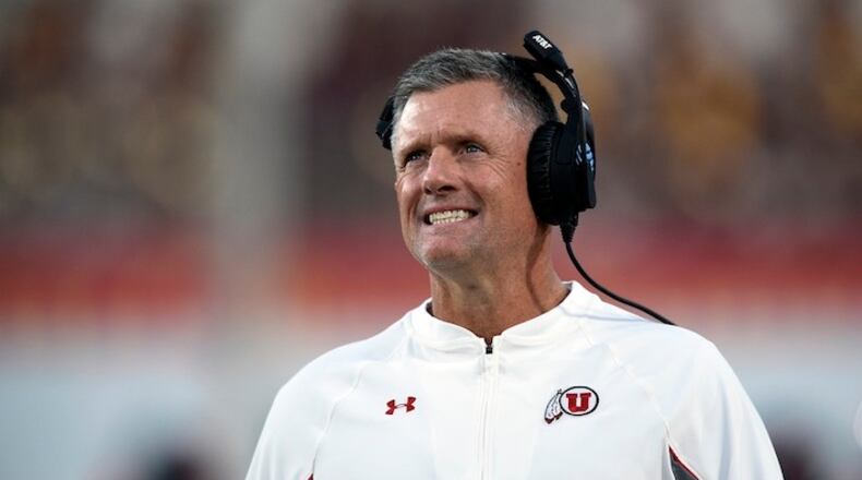 Utah head coach Kyle Whittingham looks on from the sidelines during the first half of an NCAA college football game against the Southern California in Los Angeles, Saturday, Oct. 14, 2017. (AP Photo/Kelvin Kuo)