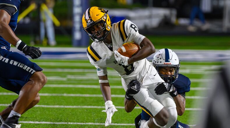 Valdosta’s JJ Gary is tackled during the Valdosta at South Gwinnett football game in Gwinnett on September 13, 2024. (Jamie Spaar for the Atlanta Journal Constitution)