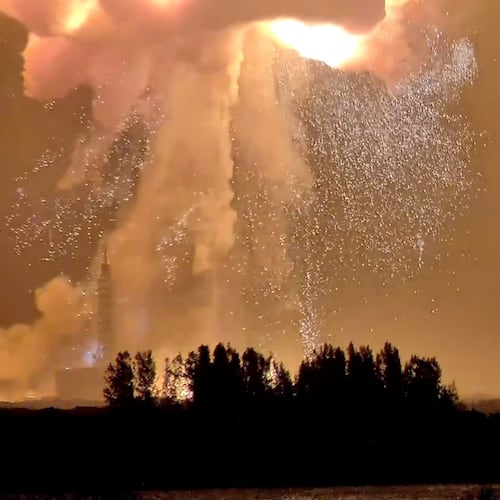 A Blue Origin New Glenn rocket explodes during an engine-firing test on Thursday, May 28, 2026, in Cape Canaveral, Fla. (@JConcilus via AP)