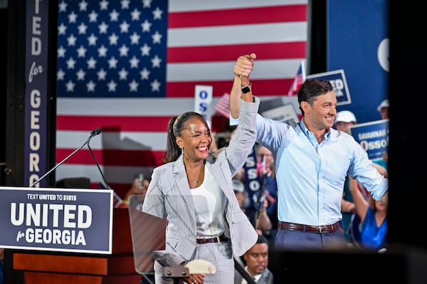 Democratic nominee for governor Keisha Lance Bottoms (left) and U.S. Sen. Jon Ossoff campaign in Savannah on Saturday, June 27, 2026. (Sarah Peacock for the AJC)