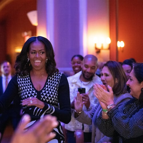 Former first lady Michelle Obama speaks about her new book "The Look" during an event at Sixth and I, Wednesday, Nov. 12, 2025, in Washington. (AP Photo/Allison Robbert)