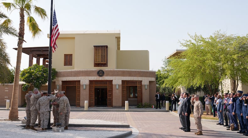 FILE - U.S. Secretary of State Marco Rubio and Steven Butler, charge d'affaires ad interim of the U.S. embassy in Kuwait, attend a flag raising ceremony at the embassy in Kuwait City, Kuwait, June 24, 2026. '(Eric Lee/Pool photo via AP, File)