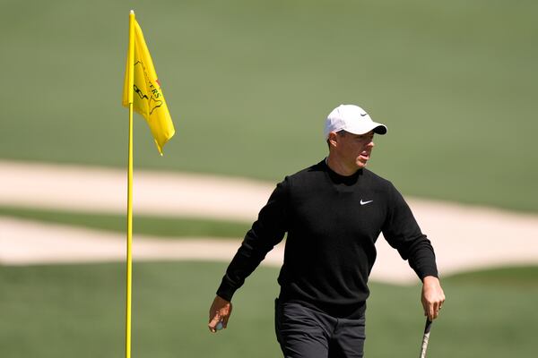 Rory McIlroy, of Northern Ireland, walks up the 10th fairway during a practice round at the Masters golf tournament, Tuesday, April 8, 2025, in Augusta, Ga. (AP Photo/Matt Slocum)