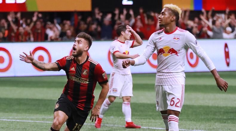 Nov 25, 2018 Atlanta: Atlanta United midfielder Hector Villaiba reacts to scoring a goal for a 3-0 victory over the New York Red Bulls with Michael Amir Murillo looking on during the second half in their Eastern Conference finals MLS soccer game on Sunday, Nov. 25, 2018, in Atlanta.   Curtis Compton/ccompton@ajc.com