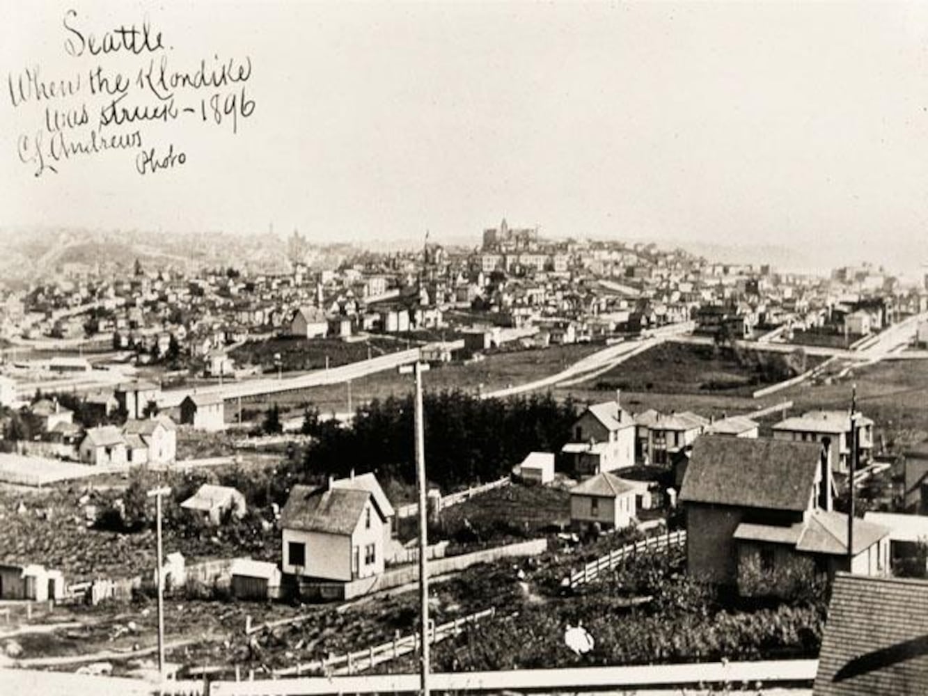 "View of Potlach Meadows, the future fairground site, taken from the Clarence Bagley home at 2nd Avenue N and Aloha Street, 1896."