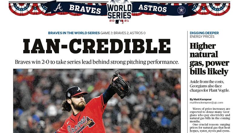 Front Page headline – Atlanta Braves World Series Game 3 section in Saturday Atlanta Journal-Constitution ePaper - Oct. 30 2021