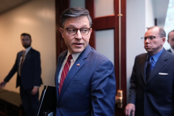 House Speaker Mike Johnson arrives for an early-morning meeting with fellow Republicans at the Capitol in Washington earlier this month. (J. Scott Applewhite/AP)