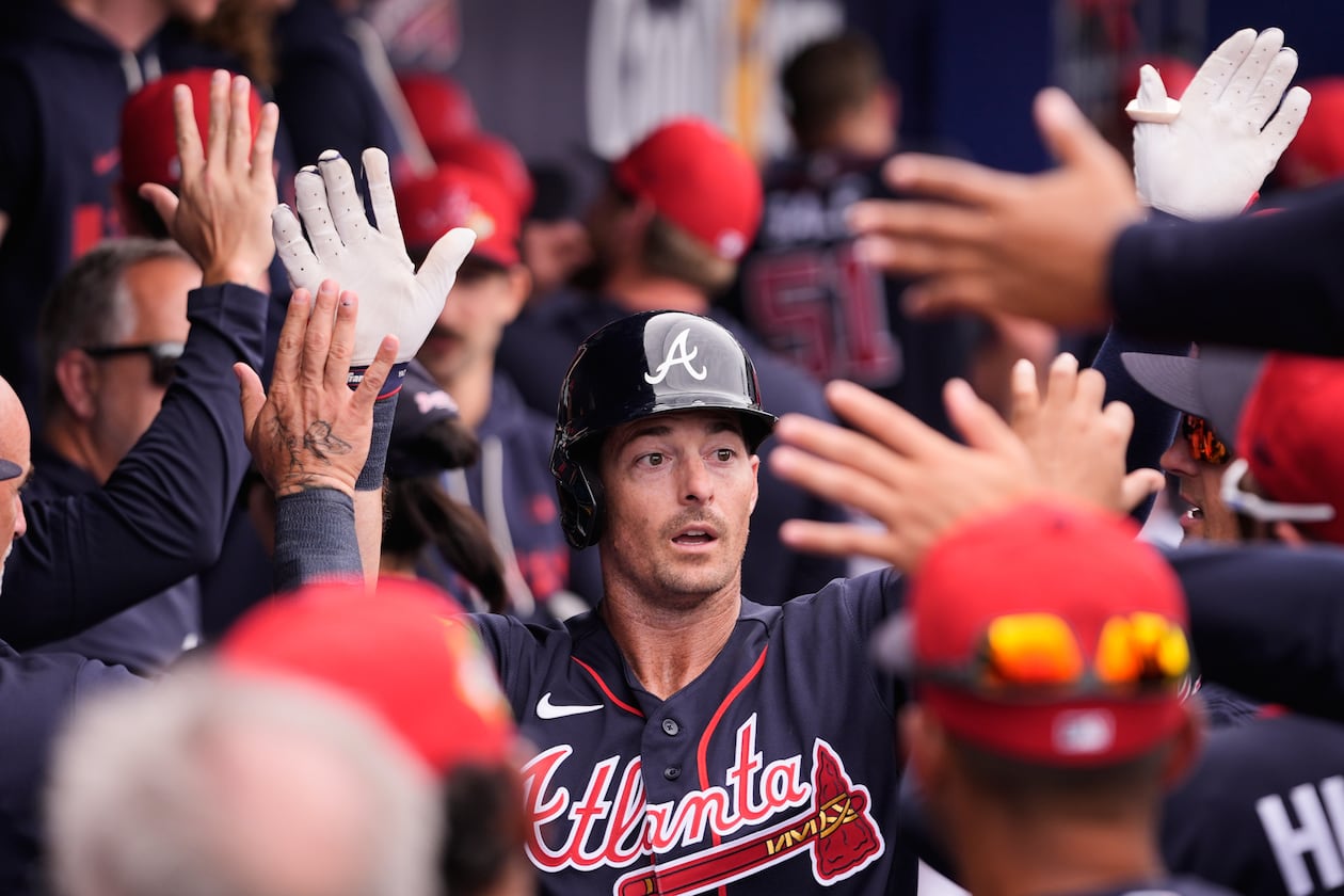 Atlanta Braves outfielder Mike Yastrzemski celebrates his first of two solo homers during a spring training game against the Boston Red Sox on Friday, Feb. 27, 2026, in North Port, Fla. Yastrzemski took a two-year contract with the Braves in December. (Gerald Herbert/AP)
