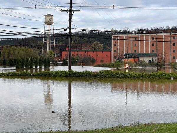 The Buffalo Trace Distillery in Frankfort, Ky., is seen amid floodwaters on Monday, April 7, 2025. (AP Photo/Kristin M. Hall)