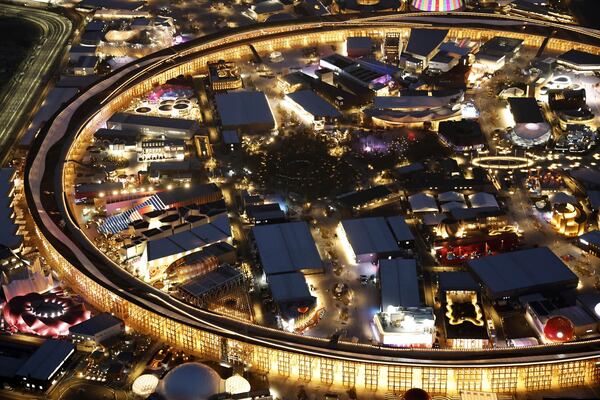 The Grand Ring is seen on Friday April 11, 2025 prior to the opening day of Osaka Expo 2025 in Osaka, western Japan. (Kyodo News via AP)/\