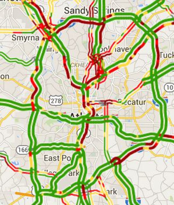 The Georgia DOT traffic map for metro Atlanta at 2:24 p.m. The darkest red areas are moving less than 30 mph.