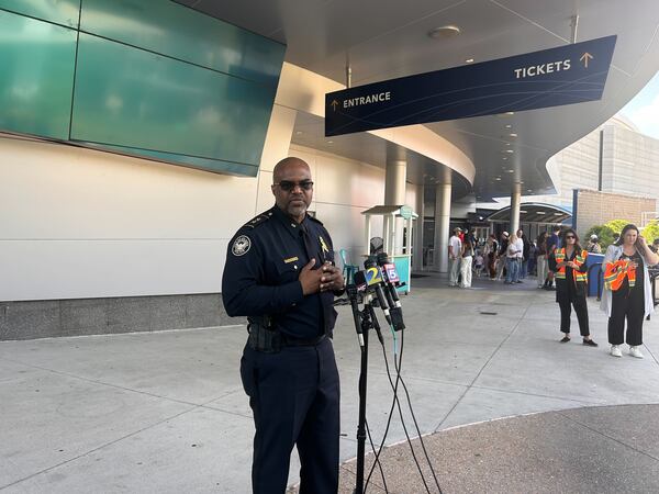 Atlanta police Deputy Chief Charles Hampton Jr. speaks to the media at the Georgia Aquarium on Wednesday afternoon.