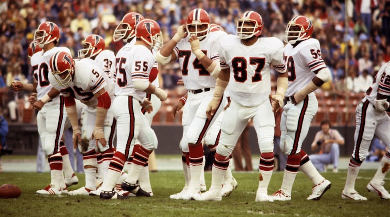 The 1977 Atlanta Falcons defense, AKA the Grits Blitz, marshals its forces before the snap against the Los Angeles Rams.