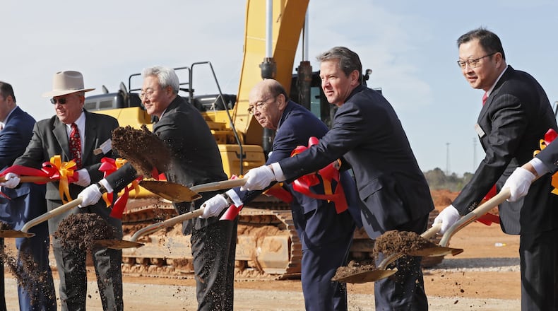 Kim Jun (from left), SK Innovation CEO, U.S. Secretary of Commerce Wilbur Ross, Gov. Brian Kemp, and Chey Jae won, SK Executive Vice Chairman, joined in a groundbreaking ceremony on March 19, 2019 for an SK automotive battery plant in Jackson County. The Korean plant represents one of the largest economic development projects in the state’s history. Bob Andres / bandres@ajc.com