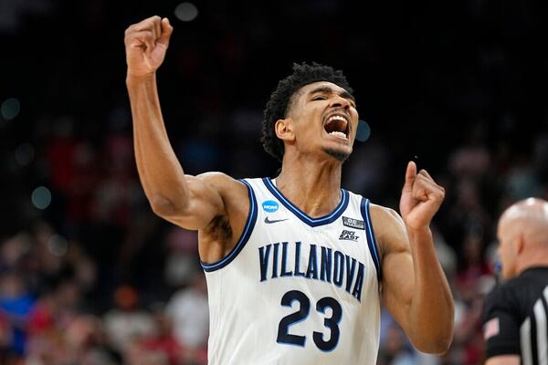 Villanova forward Jermaine Samuels celebrates after their win against Houston during a college basketball game in the Elite Eight round of the NCAA tournament on Saturday, March 26, 2022, in San Antonio. (AP Photo/David J. Phillip)