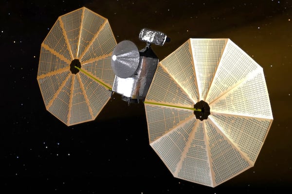 This image from video animation provided by NASA in October 2022 depicts the Lucy spacecraft. (NASA via AP)