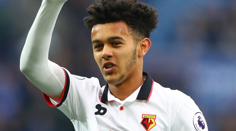 Dion Pereira of Watford waves to fans during the Premier League match between Leicester City and Watford at The King Power Stadium May 6, 2017, in Leicester, England.