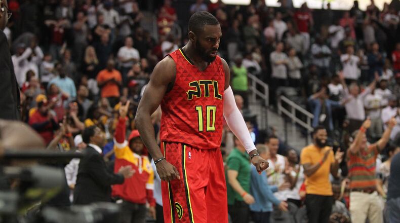 Atlanta Hawks guard Tim Hardaway Jr. (10) walks slowly near the end of an NBA game between the Atlanta Hawks and Cleveland Cavaliers at Phillips Arena in Atlanta, Georgia, on April 9, 2017. The Hawks won in overtime 126-125 after coming back from being 26 points down in the fourth quarter. (Henry Taylor/ henry.taylor@ajc.com)