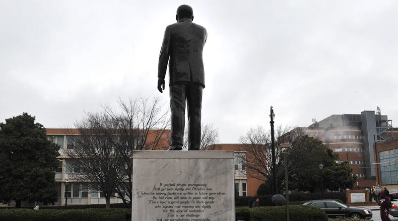 The statue of Rev. Martin Luther King Jr. in front of King's Chapel on Morehouse College's campus.
