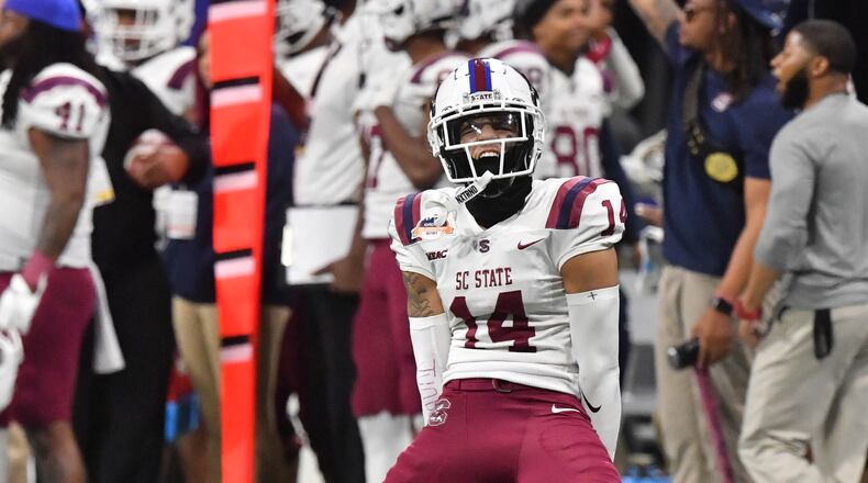 December 18, 2021 Atlanta - South Carolina State's defensive back Decobie Durant (14) reacts during the first half of the 2021 Cricket Celebration Bowl at Mercedes-Benz Stadium in Atlanta on Saturday, December 18, 2021. (Hyosub Shin / Hyosub.Shin@ajc.com)