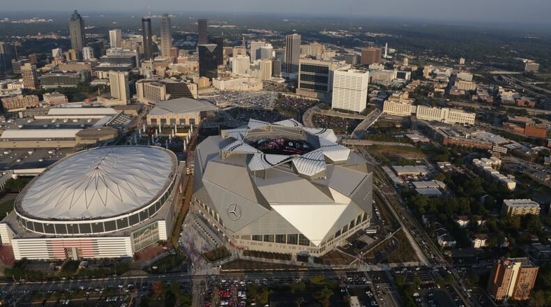 September 17, 2017 - ATLANTA - Aerials of the new Falcons Mercedes Benz Stadium in Atlanta on Sunday, September 17, 2017. The roof of the stadium is opened for the first time. (Akili-Casundria Ramsess/Eye of Ramsess Media)