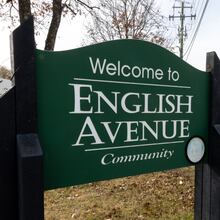 A sign that says “Welcome to English Avenue Community” is seen in the English Avenue neighborhood in Atlanta on Friday, December 13, 2024. (Arvin Temkar / AJC)