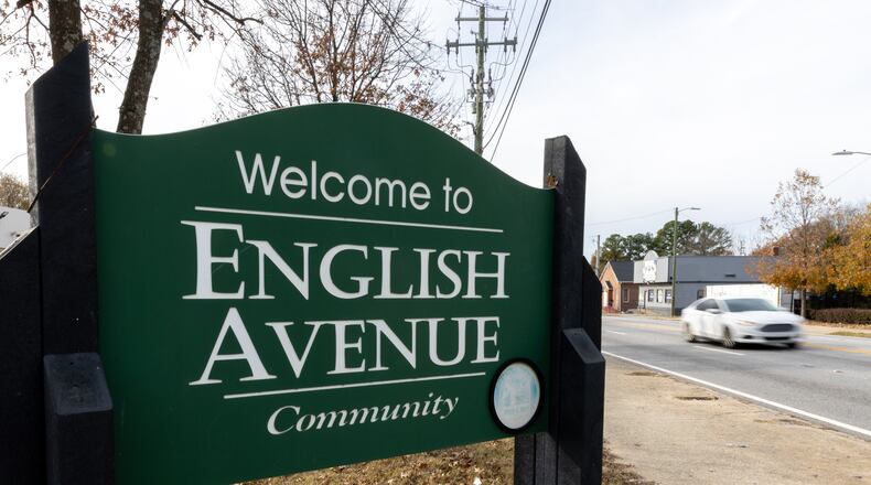 A sign that says “Welcome to English Avenue Community” is seen in the English Avenue neighborhood in Atlanta on Friday, December 13, 2024. (Arvin Temkar / AJC)
