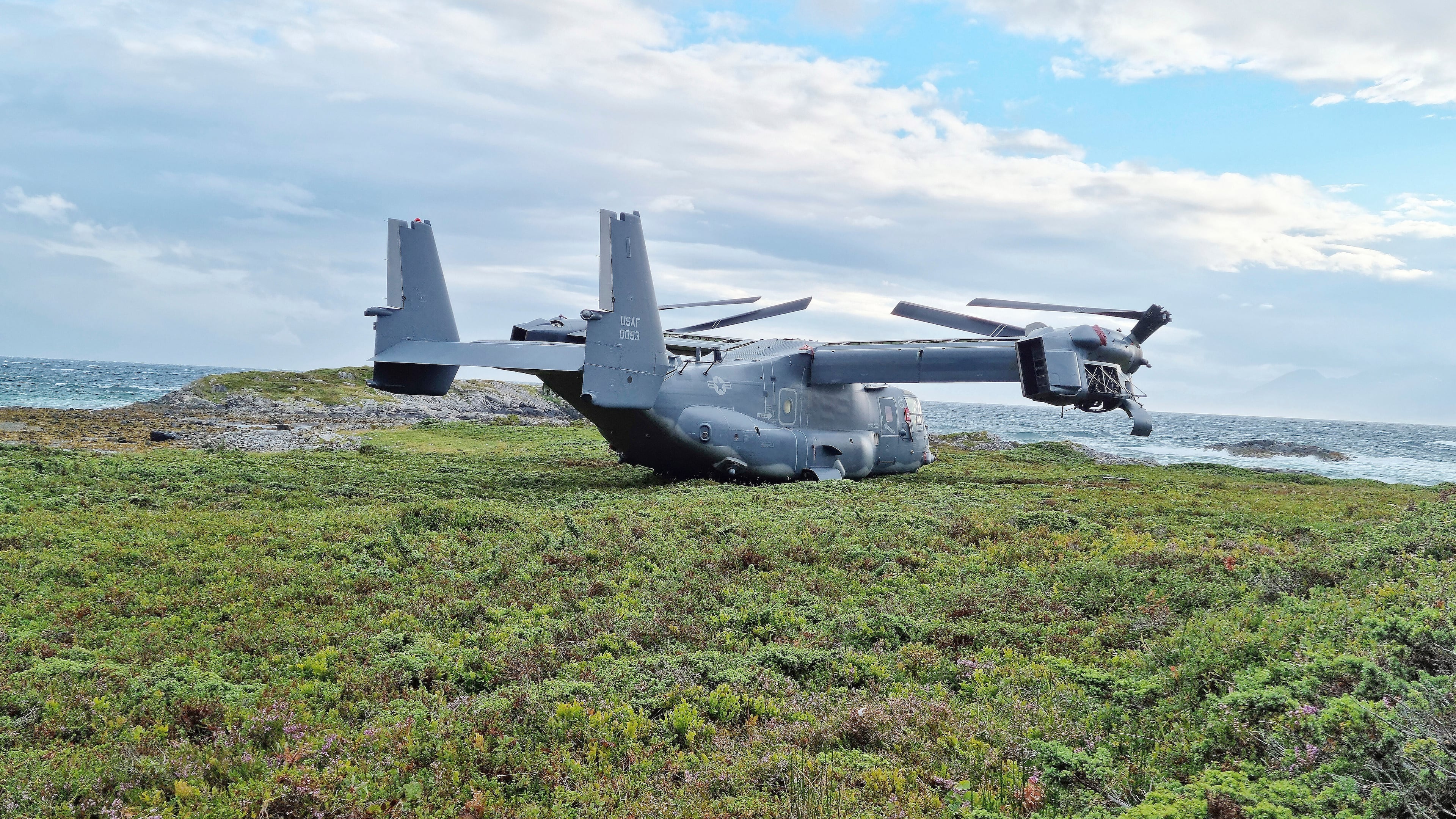 FILE - A Boeing V-22 Osprey is seen on Aug. 13, 2022, in Senja, Norway, after an emergency landing due to a clutch issue. (Norwegian Armed Forces via AP, File)
