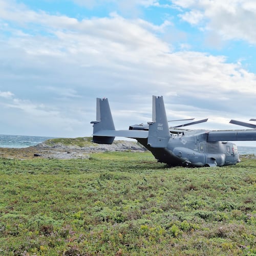FILE - A Boeing V-22 Osprey is seen on Aug. 13, 2022, in Senja, Norway, after an emergency landing due to a clutch issue. (Norwegian Armed Forces via AP, File)