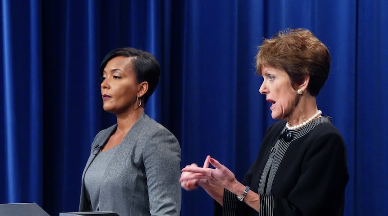 Atlanta mayoral candidates Mary Norwood (right) and Keisha Lance Bottoms at the Atlanta Press Club debate last week. HYOSUB SHIN / HSHIN@AJC.COM