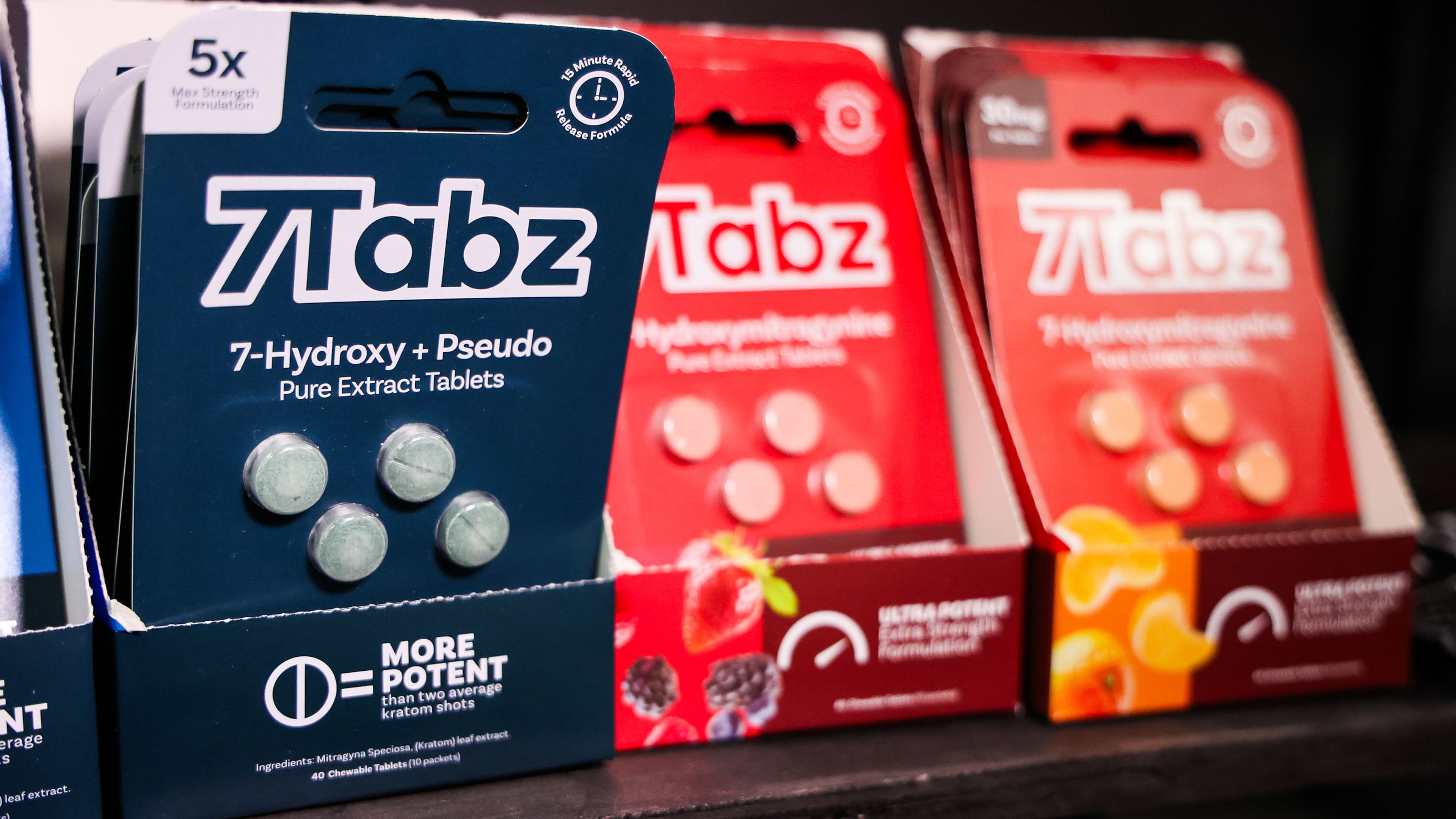 Packs of 7-hydroxymitragynine (7-OH) products sit on the shelves at a smoke shop, April 17, 2025, in Tampa, Florida. (Dirk Shadd/Tampa Bay Times/TNS)