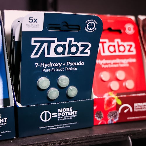 Packs of 7-hydroxymitragynine (7-OH) products sit on the shelves at a smoke shop, April 17, 2025, in Tampa, Florida. (Dirk Shadd/Tampa Bay Times/TNS)