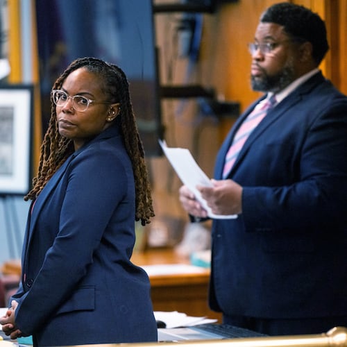 Ebony Parker looks on during jury selection for her trial on felony child neglect charges at the Newport News Circuit Court in Newport News, Va., Monday, May 18, 2026. (Peter Casey/The Virginian-Pilot via AP, Pool)