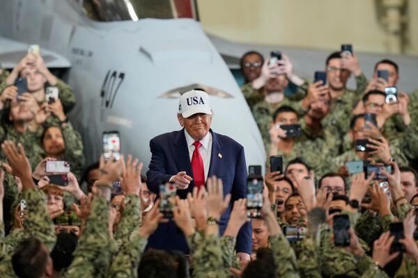 U.S. soldiers greeted President Donald Trump today as he arrived at the U.S. Navy's Yokosuka base south of Tokyo, Japan.