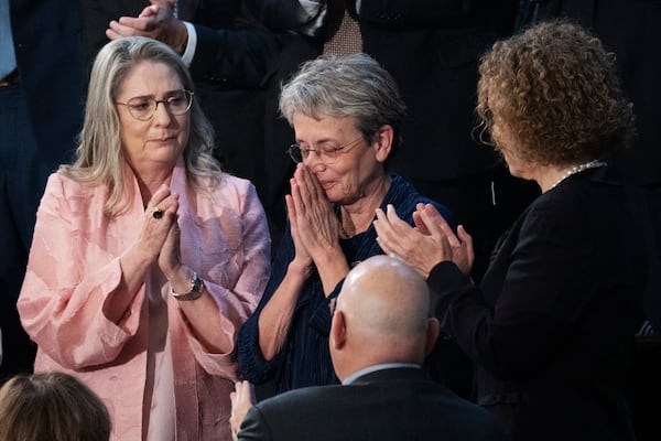 FILE - Leah Goldin, whose son Hadar was killed in the Gaza war in 2014, reacts as she is acknowledged by Israeli President Isaac Herzog during his speech to a joint session of Congress, Wednesday, July 19, 2023, at the Capitol in Washington, accompanied by Israeli first lady Michal Herzog, left. (AP Photo/Jacquelyn Martin, File)