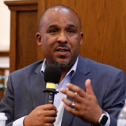 Mississippi Democratic U.S. Senate candidate Scott Colom speaks during a voting rights town hall at the historic Farish Street Baptist Church in Jackson, Miss., Saturday, Aug. 1, 2026. (AP Photo/Sarah Warnock)