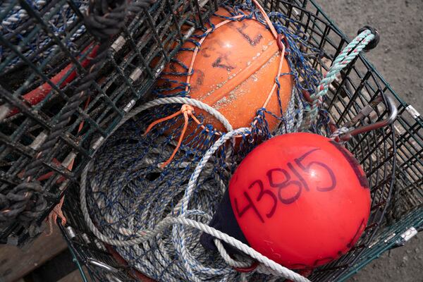 Pop-up gear meant to prevent whale entanglements while crabbing sits at Pier 45 before being loaded onto the boat Pale Horse in San Francisco, Thursday, April 10, 2025. (AP Photo/Emily Steinberger)
