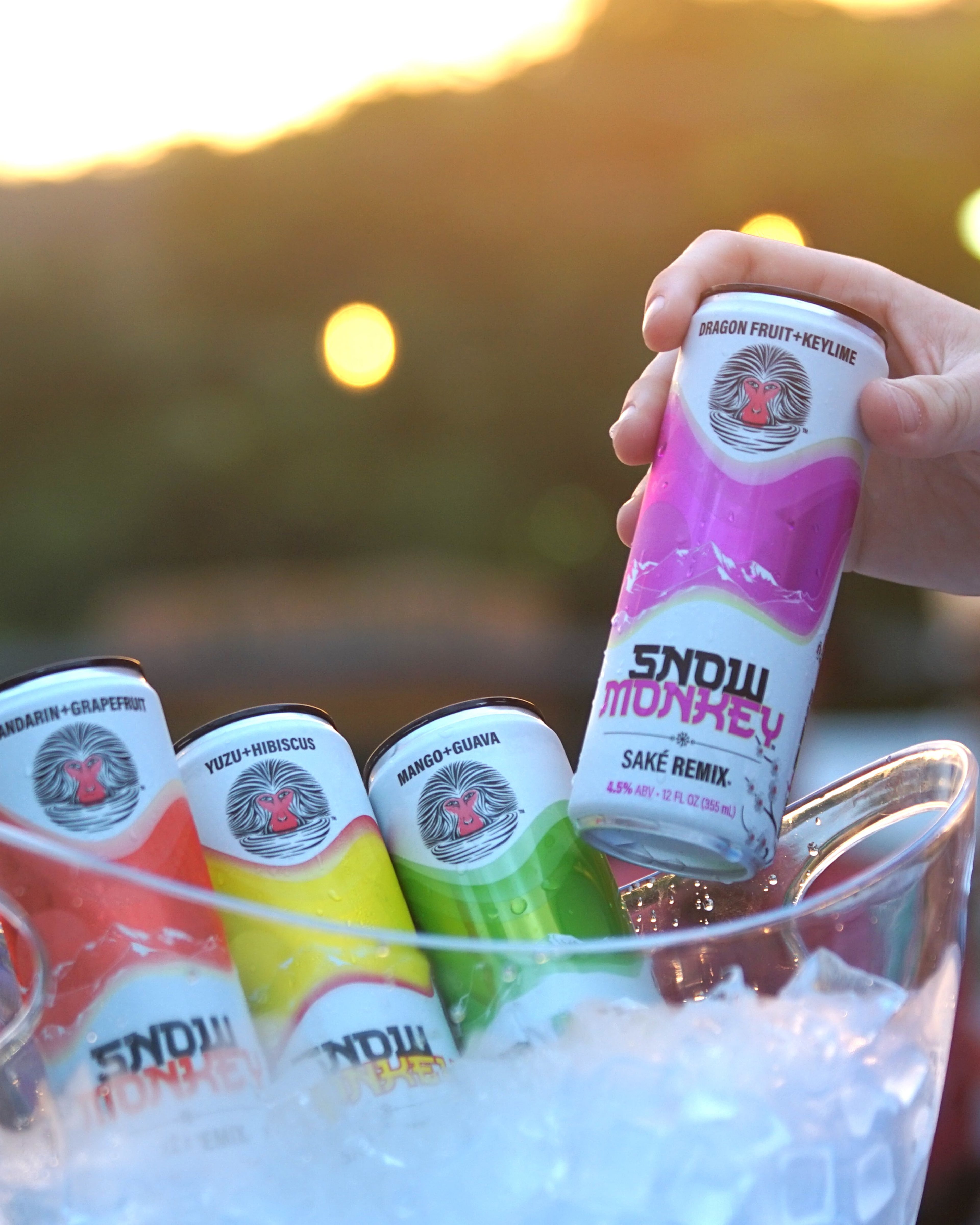 East meets West in cans of Snow Monkey Sake Remix. The drink combines American sake made from Arkansas grown rice with sparkling fruit flavors. (Courtesy of Snow Monkey Sake)