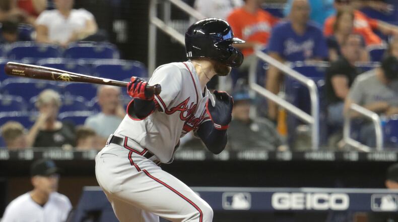Braves center fielder Ender Inciarte hits an RBI double to score Max Fried during the tenth inning against the Miami Marlins, Sunday, May 5, 2019, in Miami.