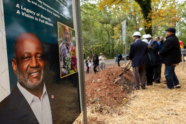 Dignitaries break ground at a ceremony of the Roderick Gay Botanical Garden in College Park on Thursday, Oct. 30, 2025. (Arvin Temkar / AJC)