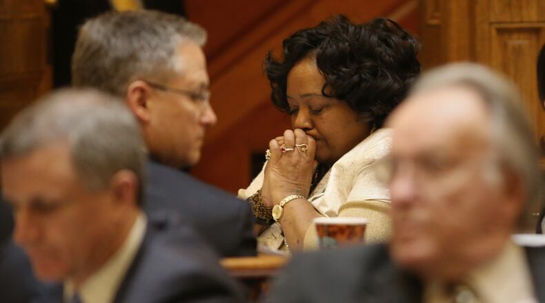 March 22, 2016 Atlanta: Sen. Donzella James (D-Atlanta) waits Tuesday night March 22, 2016 to see the final vote on a bill she presented to allow a referendum to create the city of South Fulton. The bill passed. Ben Gray / bgray@ajc.com